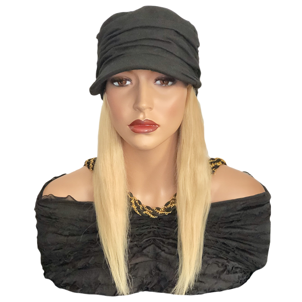 Hat with Hair Sewn In Long Blonde Straight Hair