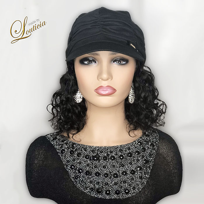 Black Hat With Wavy Black Hair Attached | A Diva's Hidden Hair Manufacturer