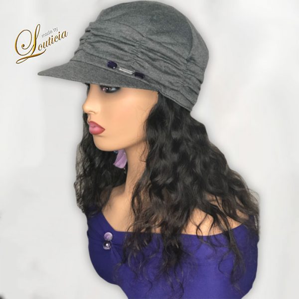 Gray Hat With Black Wavy Hair Attached