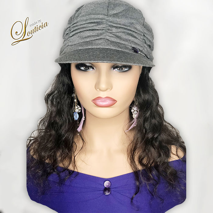 Gray Hat With Black Wavy Hair Attached 