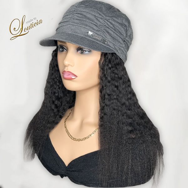 Gray Hat With Black Textured Hair Attached