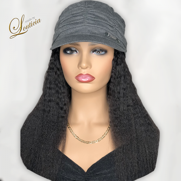 Gray Hat With Black Textured Hair Attached
