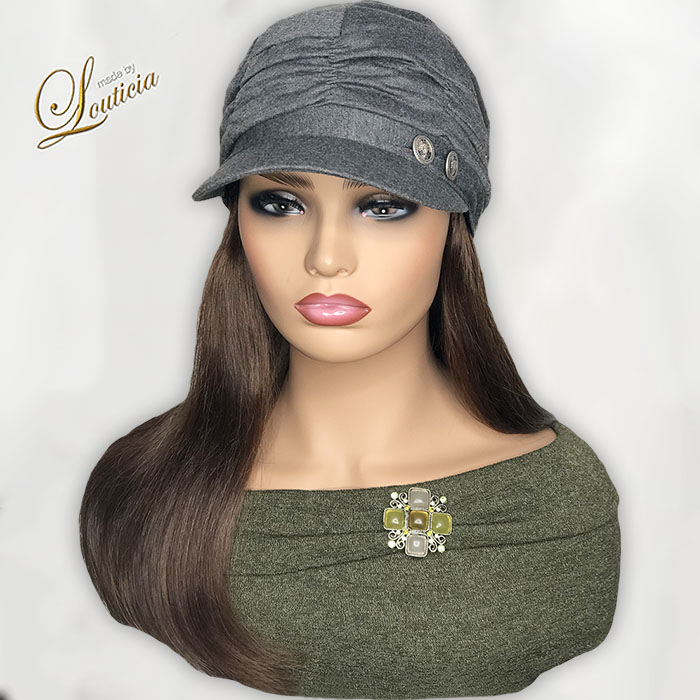 Gray Hat With Tricolor Hair Attached 