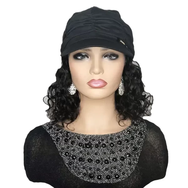 Black Hat With Wavy Black Hair Attached
