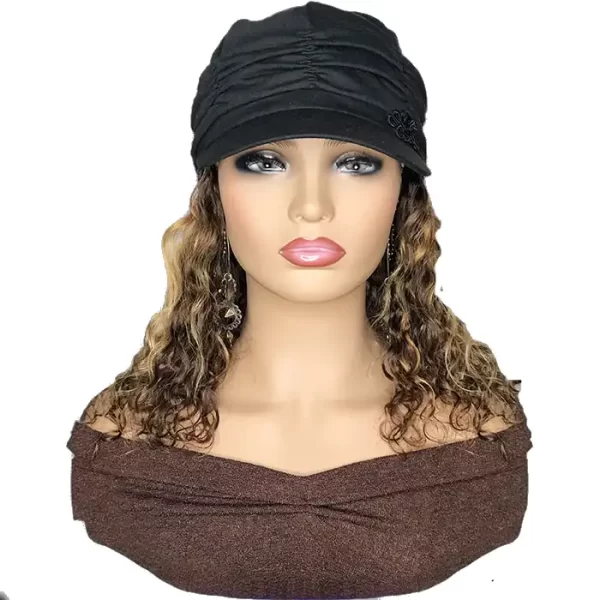 Black Hat With Mixed Color Wavy Hair Attached