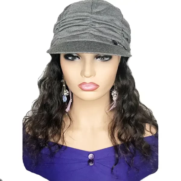 Gray Hat With Black Wavy Hair Attached