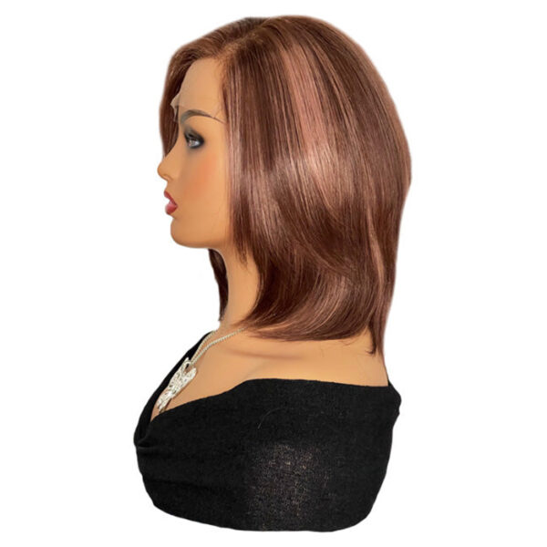 12 inch Razor End Reddish Brown Human Hair Cranial Prosthetic Wig with Highlights