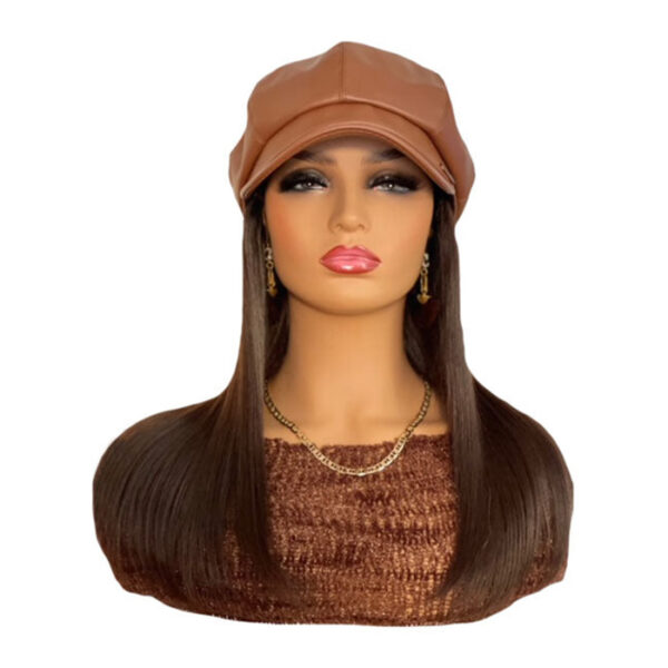 Tan Vegan Leather Hat with 16 inch Dark Brown Hair Attached