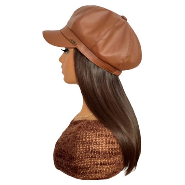 Tan Vegan Leather Hat with 16 inch Dark Brown Hair Attached