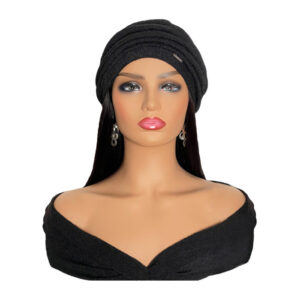 Women's Black Turban with 16" Black Straight Hair Attached